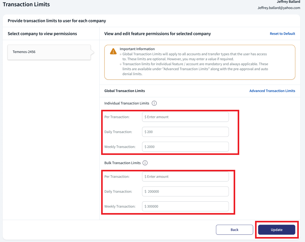 Trasaction limits to update